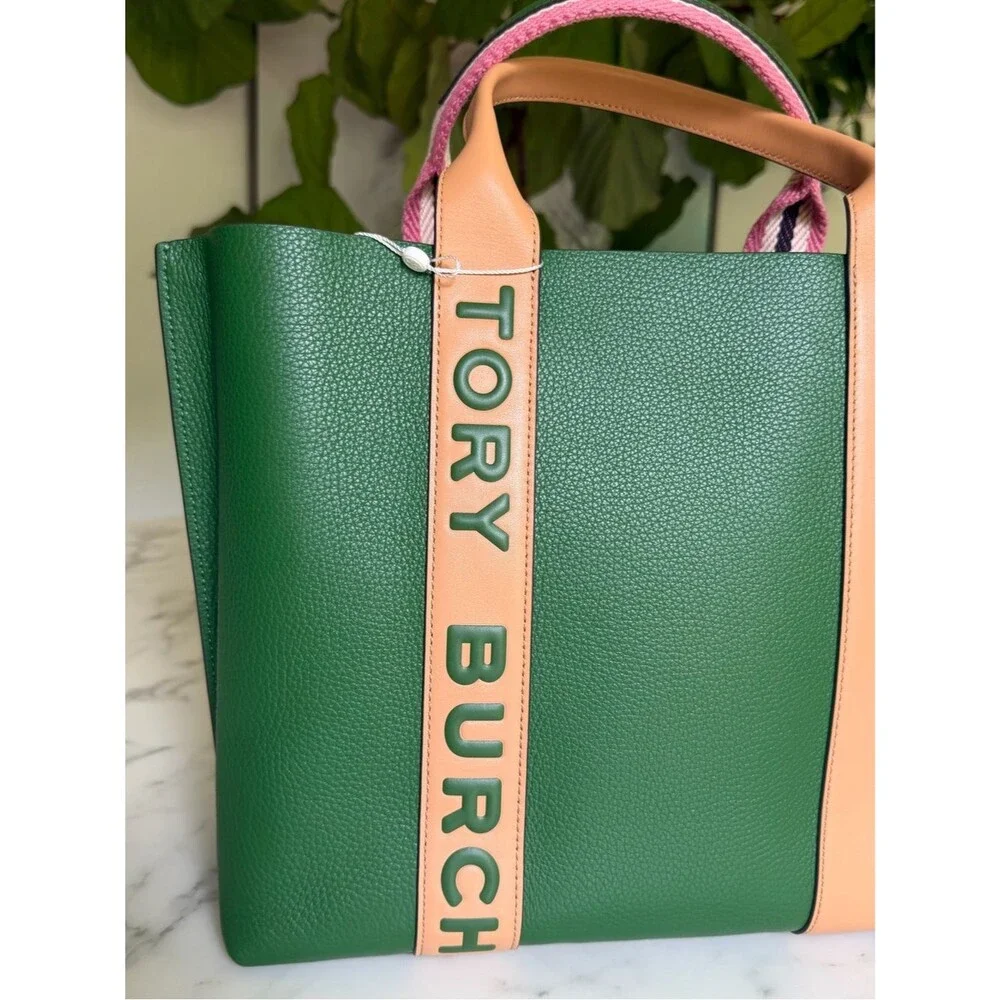 NWT Tory Burch Perry Multi Stripe Leather Triple Compartment Tote Arugula Green